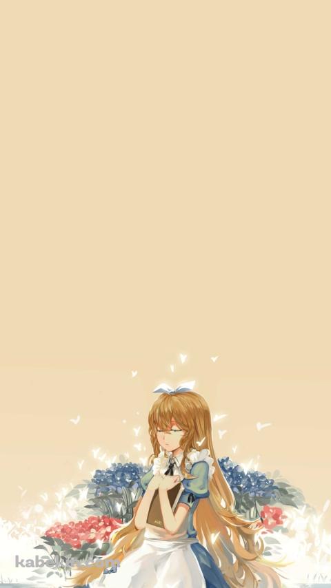 本を抱えて地べたに座るアリス / 赤と青の花 / 不思議の国のアリスのAndroidの壁紙(480px x 854px) スマホ用