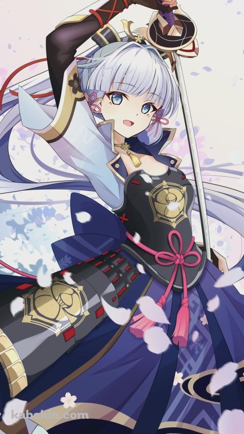 笑顔で抜刀する神里綾華 / 甲冑 / 原神のAndroidの壁紙(480px x 854px) スマホ用