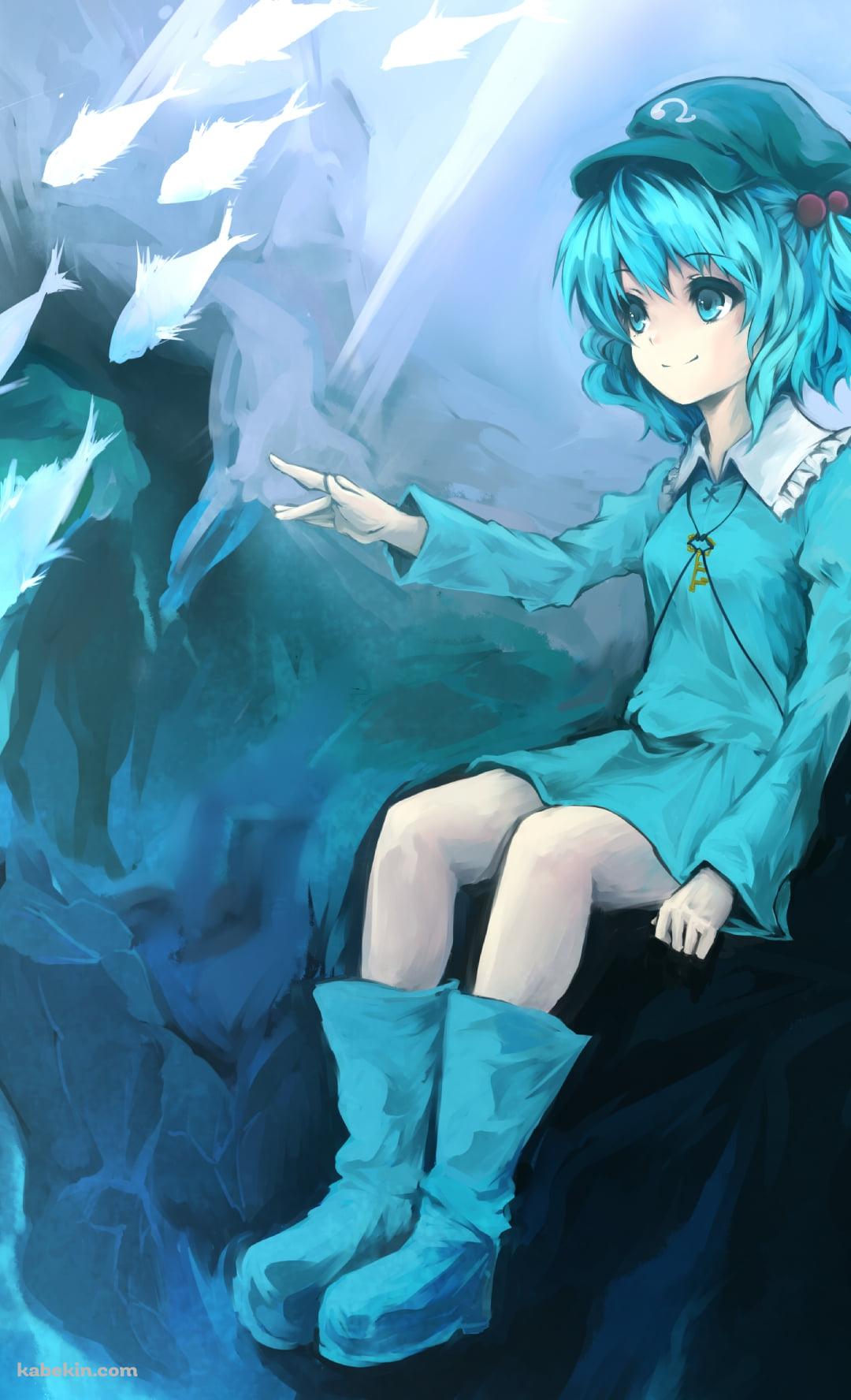 海中の岸壁に座る河城にとり / 魚の群れ / 東方のAndroidの壁紙(1080px x 1776px) スマホ用