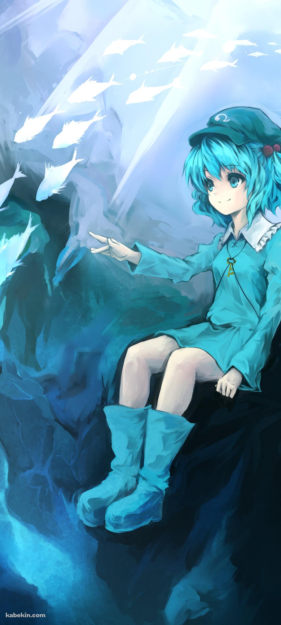 海中の岸壁に座る河城にとり / 魚の群れ / 東方のAndroidの壁紙(1080px x 2400px) スマホ用