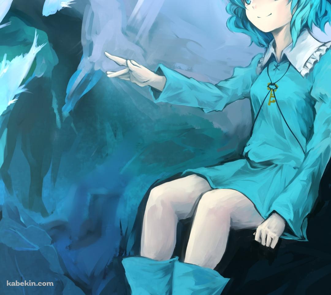 海中の岸壁に座る河城にとり / 魚の群れ / 東方のAndroidの壁紙(1080px x 960px) スマホ用