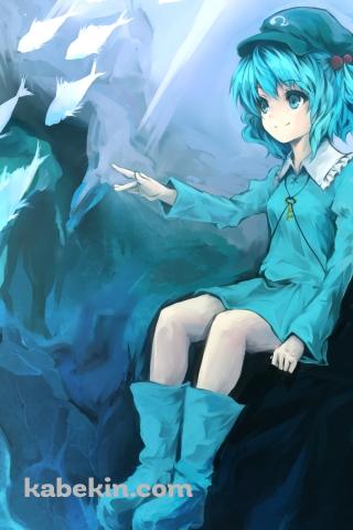 海中の岸壁に座る河城にとり / 魚の群れ / 東方のAndroidの壁紙(320px x 480px) スマホ用