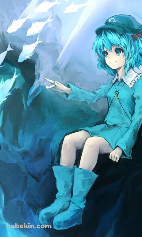 海中の岸壁に座る河城にとり / 魚の群れ / 東方のAndroidの壁紙(480px x 800px) スマホ用