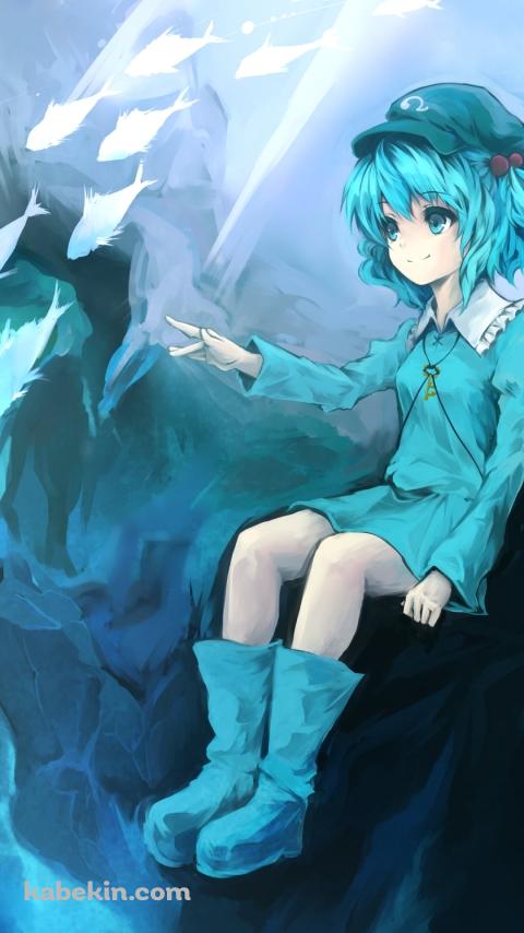 海中の岸壁に座る河城にとり / 魚の群れ / 東方のAndroidの壁紙(480px x 854px) スマホ用