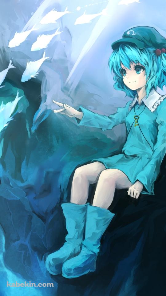 海中の岸壁に座る河城にとり / 魚の群れ / 東方のAndroidの壁紙(540px x 960px) スマホ用