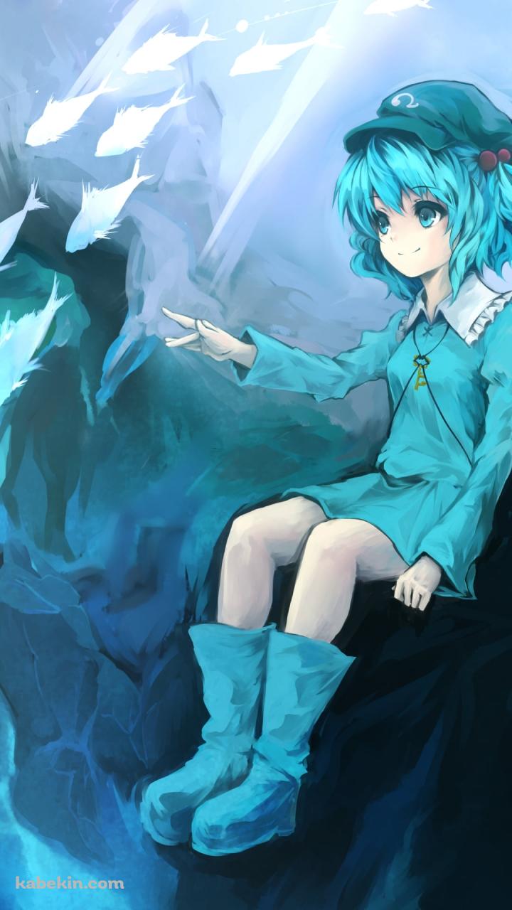 海中の岸壁に座る河城にとり / 魚の群れ / 東方のAndroidの壁紙(720px x 1280px) スマホ用