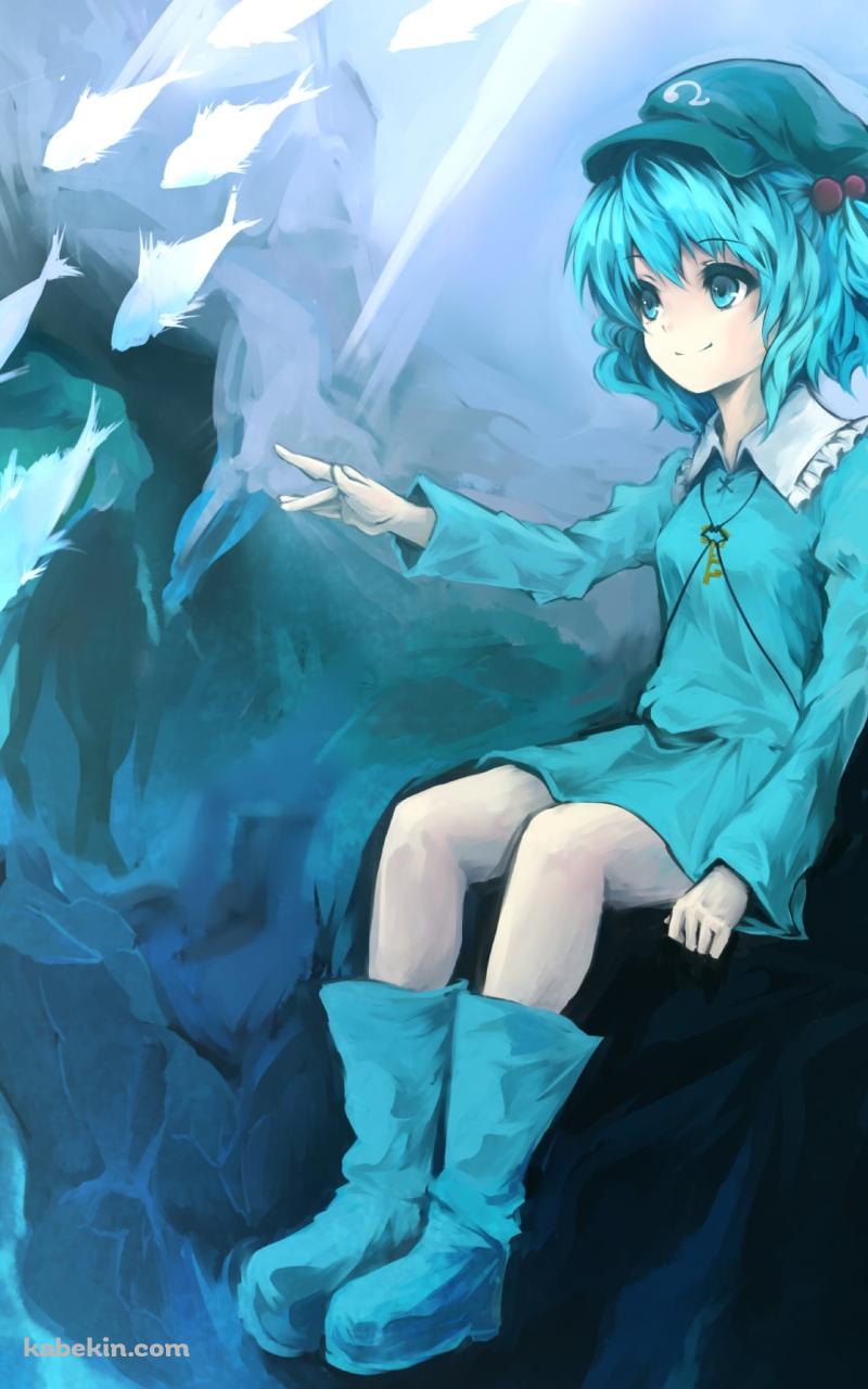 海中の岸壁に座る河城にとり / 魚の群れ / 東方のAndroidの壁紙(800px x 1280px) スマホ用