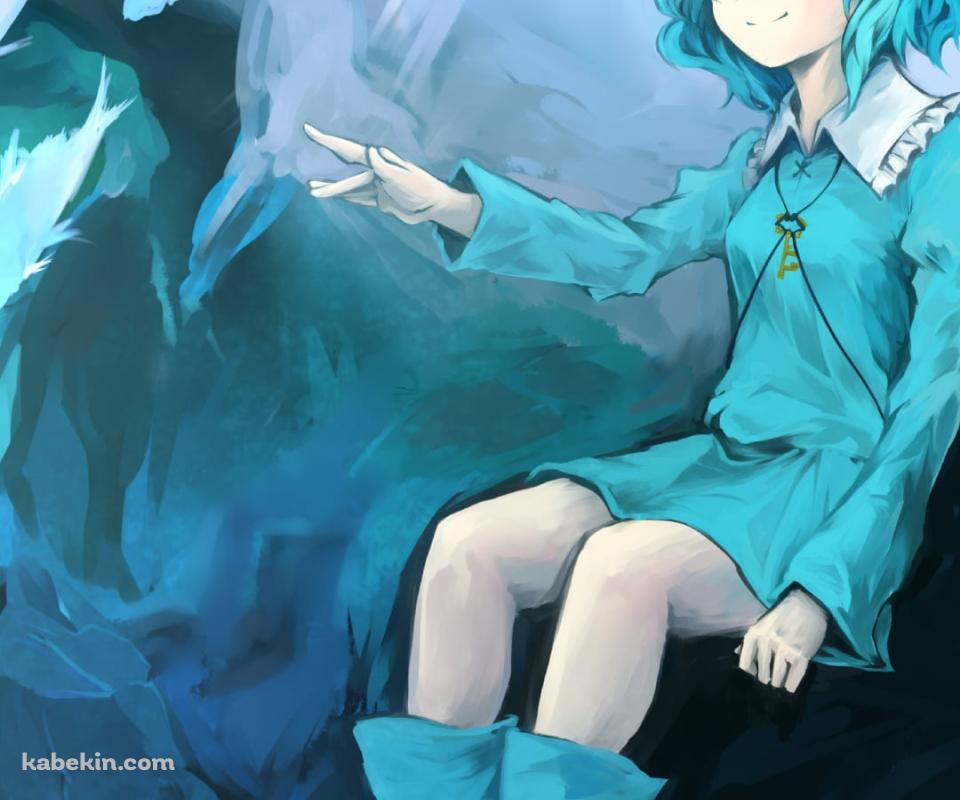 海中の岸壁に座る河城にとり / 魚の群れ / 東方のAndroidの壁紙(960px x 800px) スマホ用