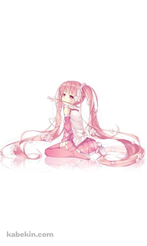 桜の枝を咥える可愛い桜ミク / 初音ミク / ボカロのAndroidの壁紙(480px x 800px) スマホ用