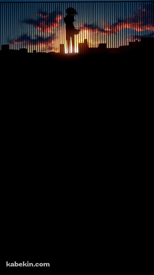 ビルの屋上の柵越しから夕陽を眺める女性のAndroidの壁紙(540px x 960px) スマホ用