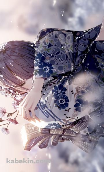 花を持ちうずくまる着物を着た女性のAndroidの壁紙(360px x 592px) スマホ用