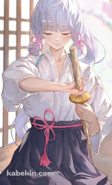 目をつぶり竹刀に手をかける神里綾華 / 原神のAndroidの壁紙(360px x 592px) スマホ用