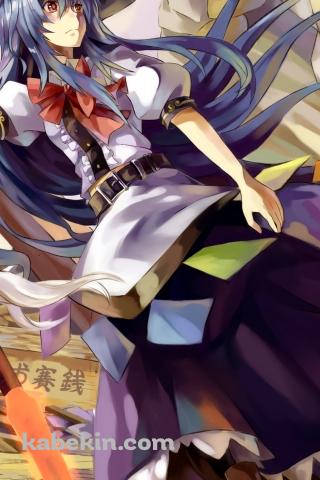 帽子を抑える比那名居天子 / 東方のAndroidの壁紙(320px x 480px) スマホ用