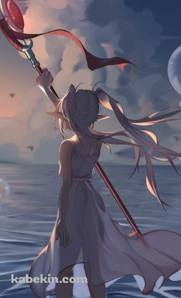 海の中に立つフリーレンの後ろ姿 / 葬送のフリーレンのAndroidの壁紙(360px x 592px) スマホ用