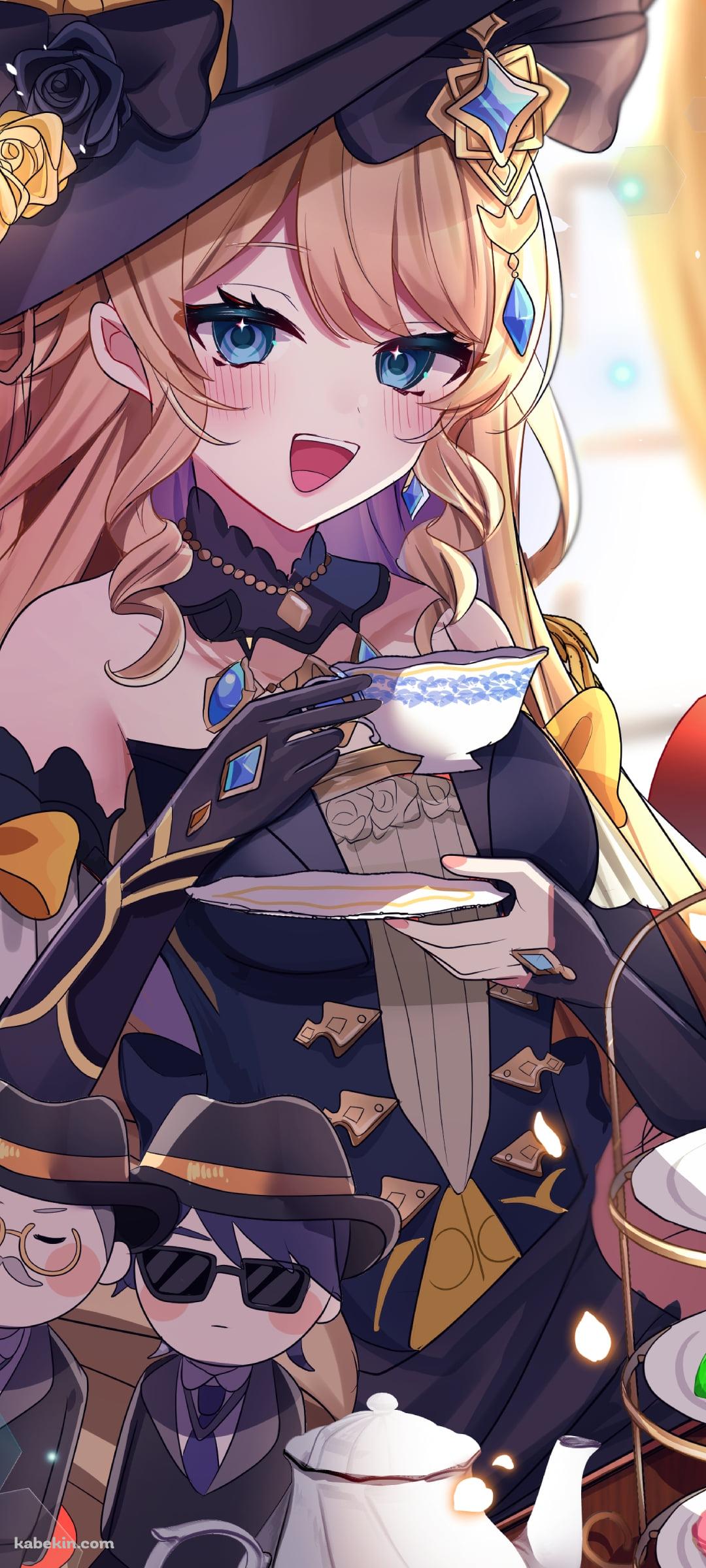 笑顔でティーカップを持つ可愛いナヴィア / ショートケーキ / シルヴァ / マルシラック / 原神のAndroidの壁紙(1080px x 2400px) スマホ用