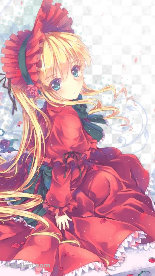 赤い薔薇と石の上に座る真紅 / ローゼンメイデンのAndroidの壁紙(540px x 960px) スマホ用