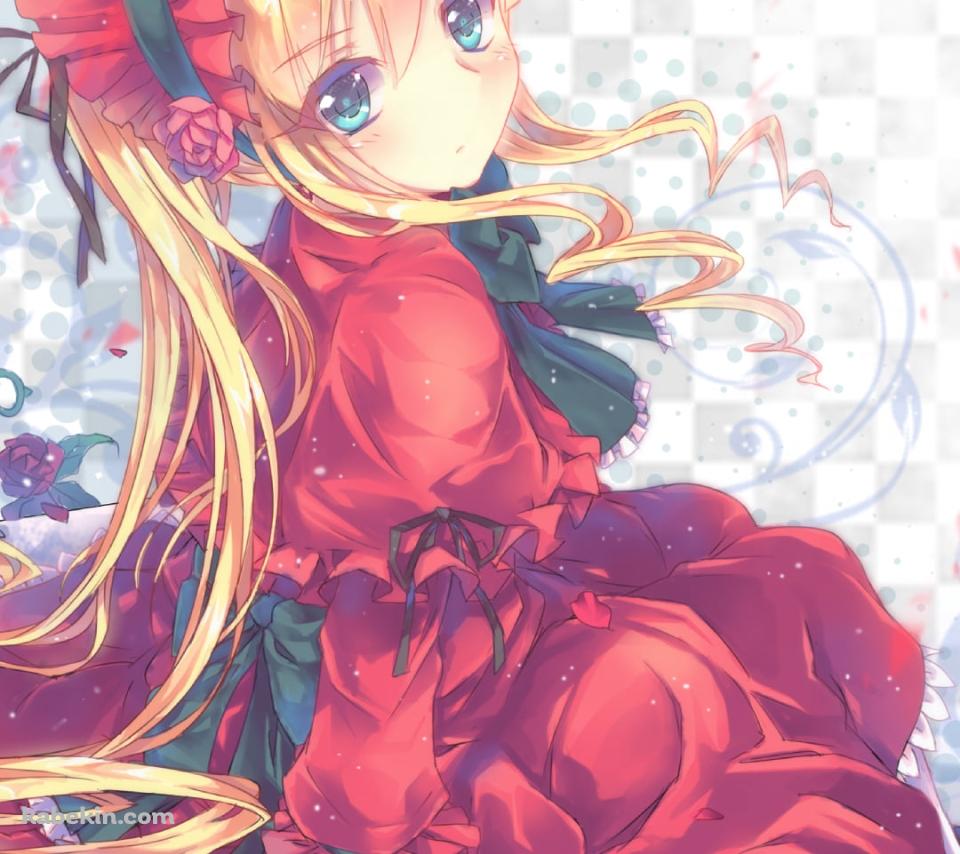 赤い薔薇と石の上に座る真紅 / ローゼンメイデンのAndroidの壁紙(960px x 854px) スマホ用