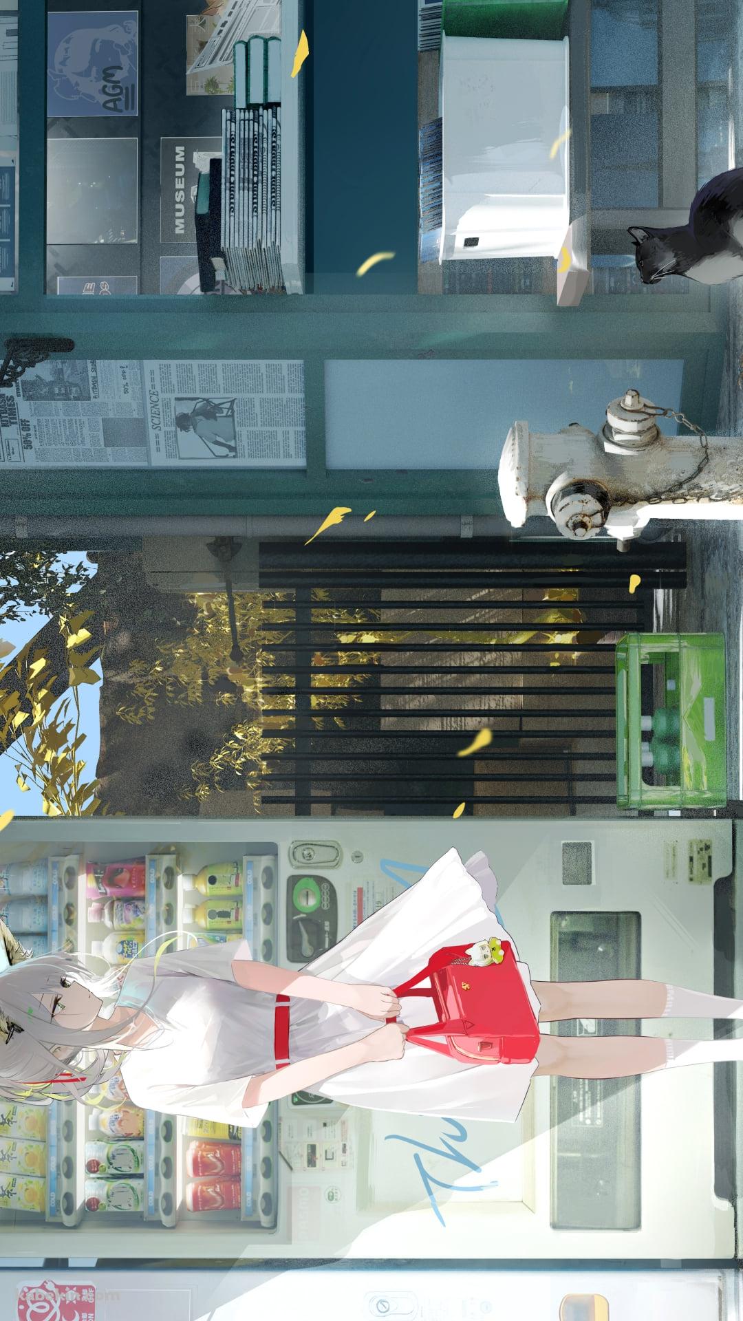 自動販売機の前で黒い猫を見つめるケルシー / アークナイツのAndroidの壁紙(1080px x 1920px) スマホ用