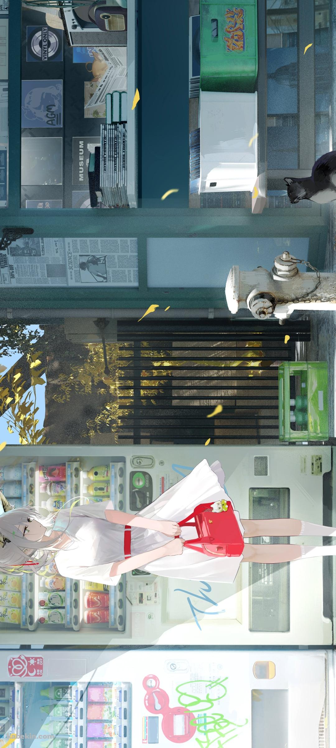 自動販売機の前で黒い猫を見つめるケルシー / アークナイツのAndroidの壁紙(1080px x 2400px) スマホ用