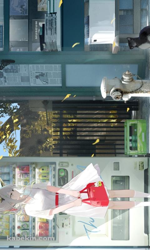 自動販売機の前で黒い猫を見つめるケルシー / アークナイツのAndroidの壁紙(480px x 800px) スマホ用