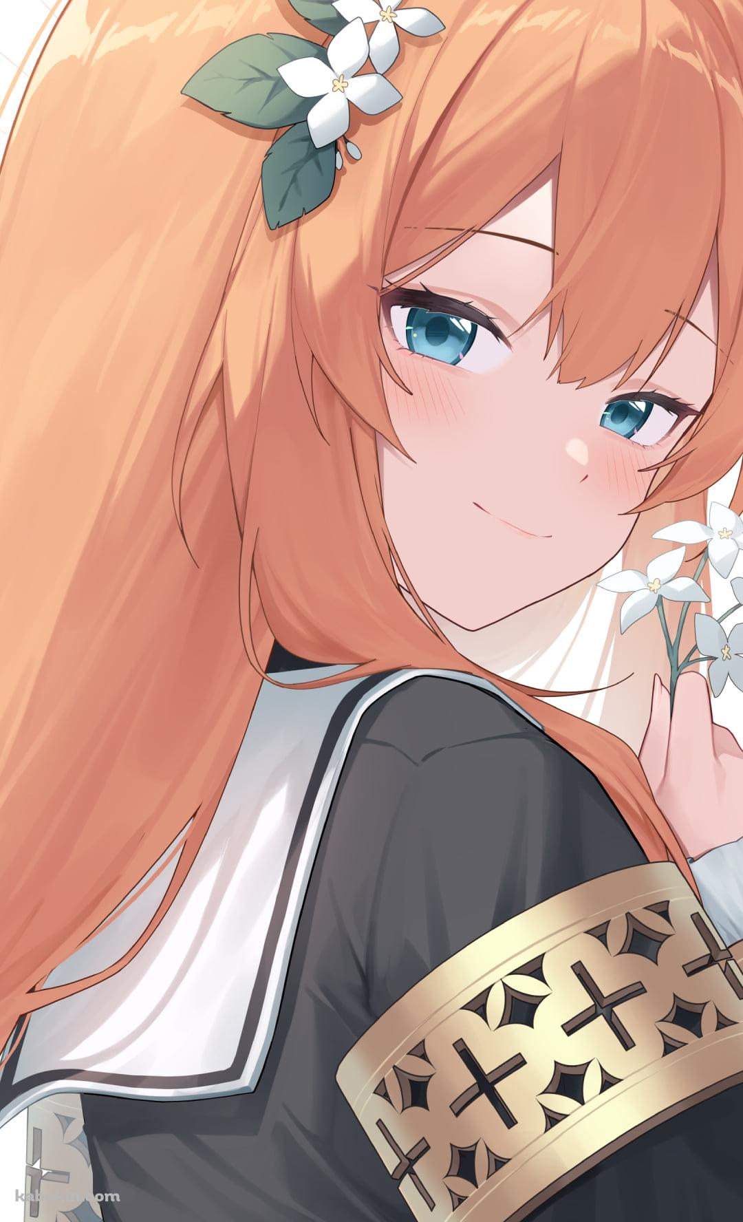 白い花を持ちこちらを見つめる伊落マリー / ブルーアーカイブのAndroidの壁紙(1080px x 1776px) スマホ用