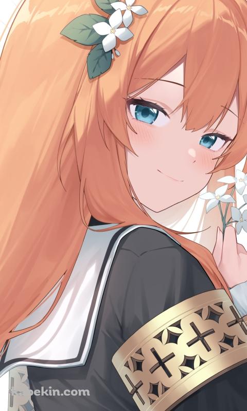 白い花を持ちこちらを見つめる伊落マリー / ブルーアーカイブのAndroidの壁紙(480px x 800px) スマホ用