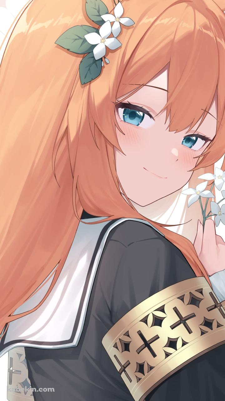 白い花を持ちこちらを見つめる伊落マリー / ブルーアーカイブのAndroidの壁紙(720px x 1280px) スマホ用