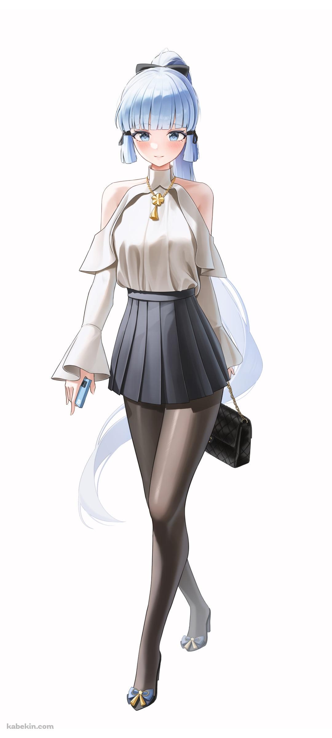 私服姿の神里綾華 / 青いスマホ / 黒い鞄 / 原神のAndroidの壁紙(1080px x 2400px) スマホ用