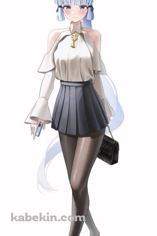 私服姿の神里綾華 / 青いスマホ / 黒い鞄 / 原神のAndroidの壁紙(320px x 480px) スマホ用