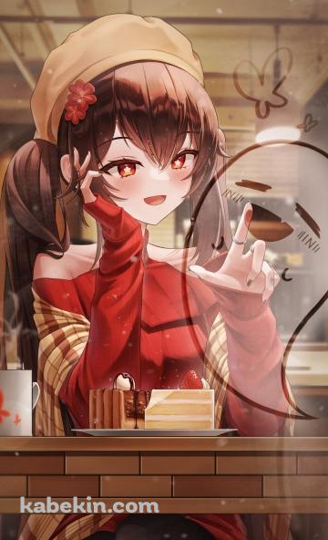 お店の窓ガラスにお化けを描く胡桃 / 原神のAndroidの壁紙(360px x 592px) スマホ用