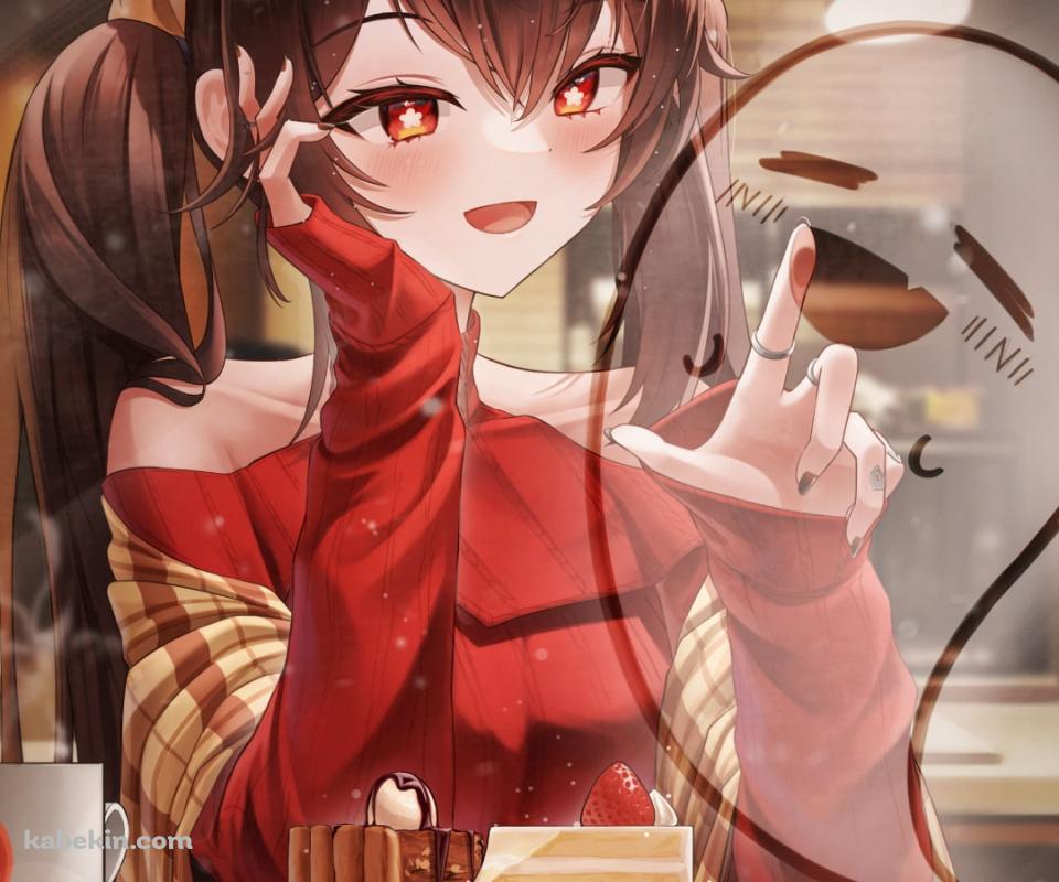 お店の窓ガラスにお化けを描く胡桃 / 原神のAndroidの壁紙(960px x 800px) スマホ用