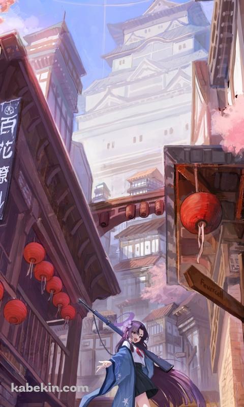 階段の途中でポーズを取る勘解由小路ユカリ / ブルーアーカイブのAndroidの壁紙(480px x 800px) スマホ用