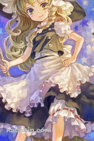 ホウキを持つ可愛い霧雨魔理沙 / 魔女 / 浮遊するランプ / 東方のAndroidの壁紙(320px x 480px) スマホ用