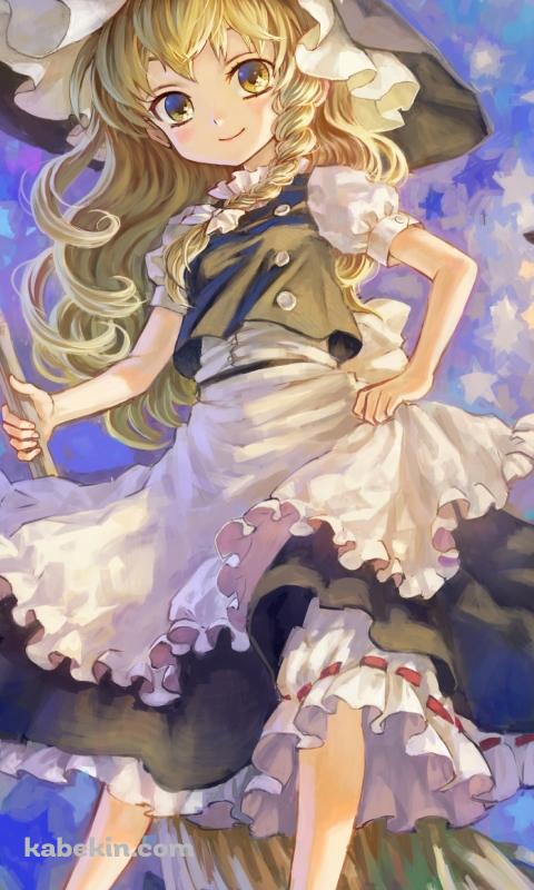 ホウキを持つ可愛い霧雨魔理沙 / 魔女 / 浮遊するランプ / 東方のAndroidの壁紙(480px x 800px) スマホ用