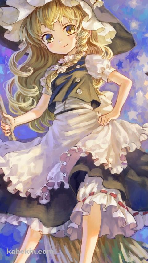 ホウキを持つ可愛い霧雨魔理沙 / 魔女 / 浮遊するランプ / 東方のAndroidの壁紙(480px x 854px) スマホ用