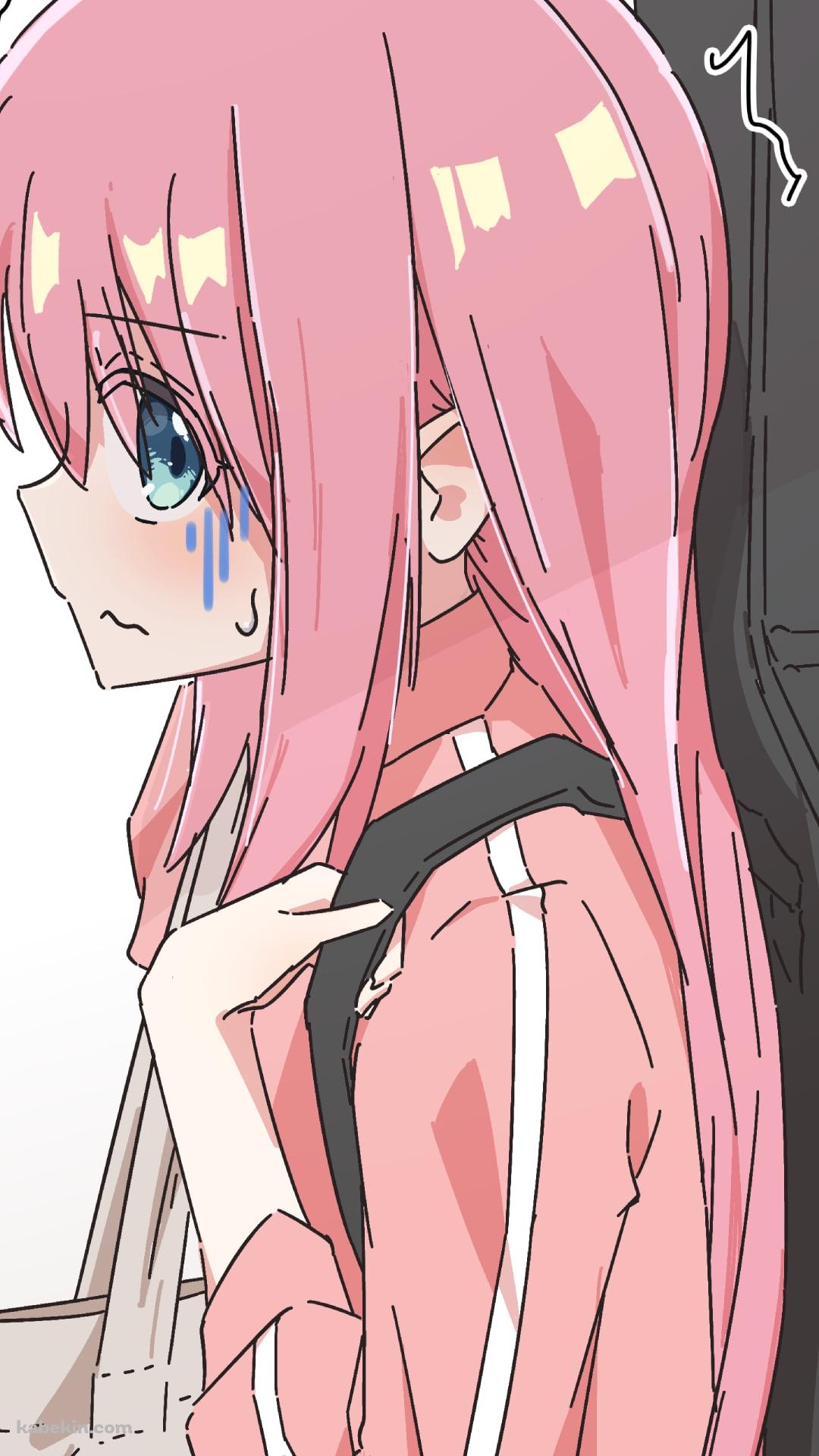 ギターケースを担ぎ怯えている後藤ひとり / ぼっち・ざ・ろっく!のAndroidの壁紙(1080px x 1920px) スマホ用