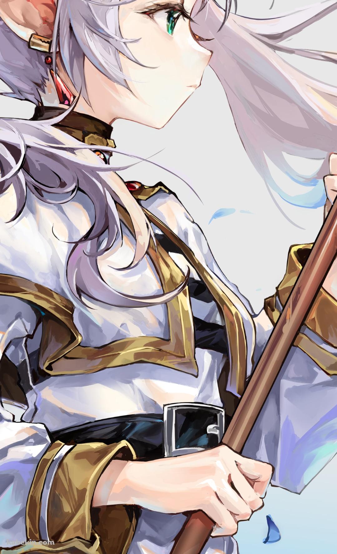 杖を両手で持ち遠くを見つめる綺麗なフリーレン / 葬送のフリーレンのAndroidの壁紙(1080px x 1776px) スマホ用