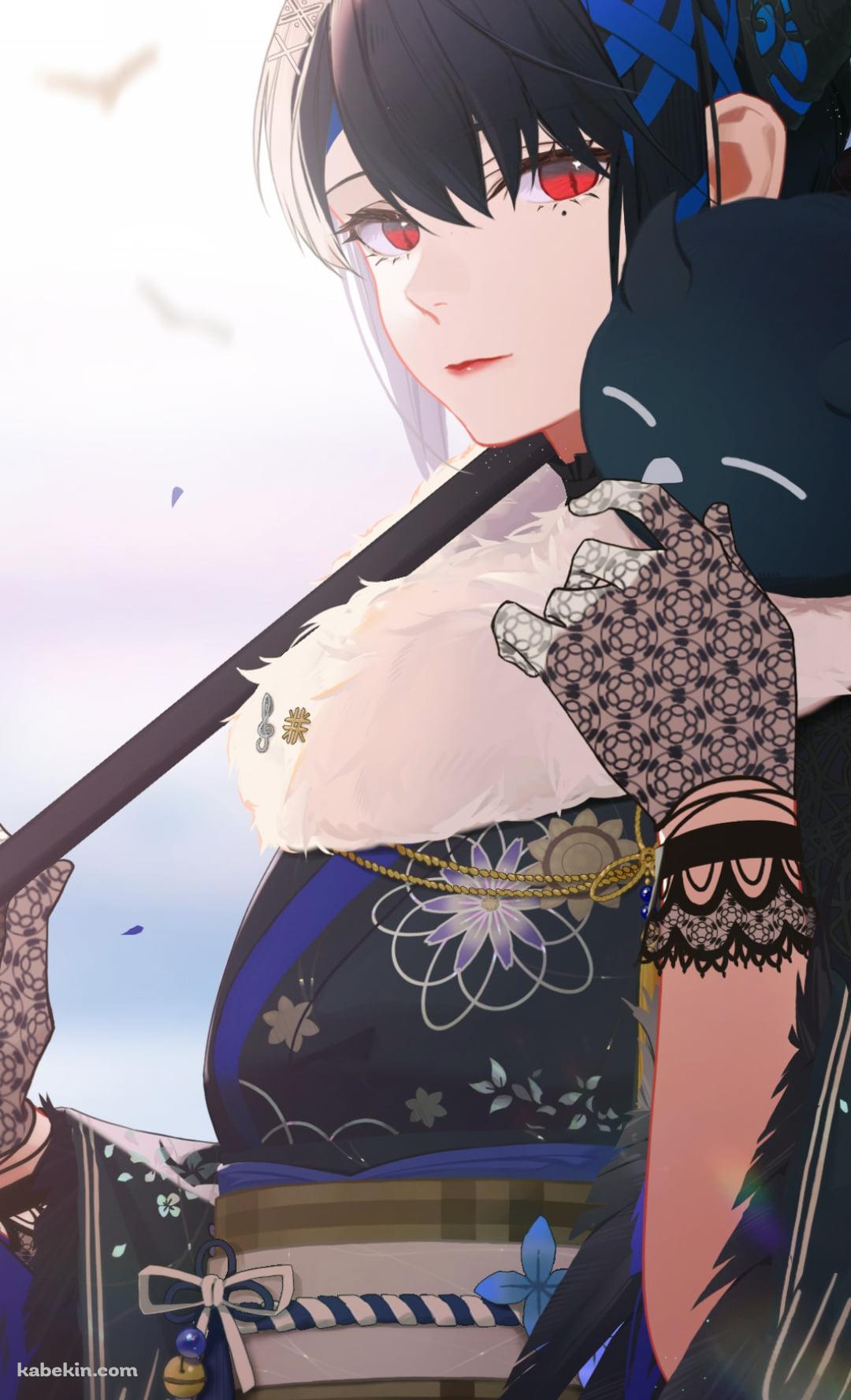 黒と青の着物を着て和傘をさすネリッサ・レイヴンクロフト / ホロライブ / バーチャルYouTuber / VtuberのAndroidの壁紙(1080px x 1776px) スマホ用