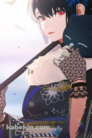 黒と青の着物を着て和傘をさすネリッサ・レイヴンクロフト / ホロライブ / バーチャルYouTuber / VtuberのAndroidの壁紙(320px x 480px) スマホ用