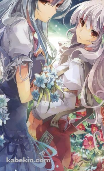 並んでこちらを見つめる藤原妹紅と上白沢慧音 / 東方のAndroidの壁紙(360px x 592px) スマホ用
