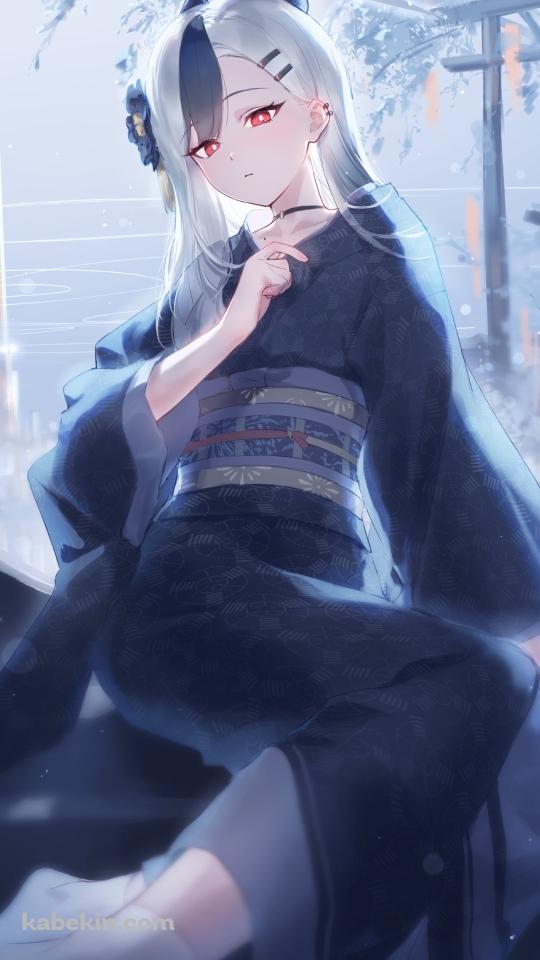 満月と黒い着物を着た鬼方カヨコ / ブルーアーカイブのAndroidの壁紙(540px x 960px) スマホ用