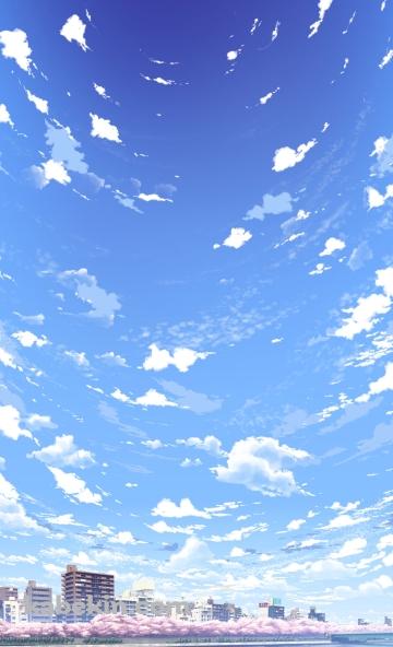 川と満開の桜と青空 / 遊歩道のAndroidの壁紙(360px x 592px) スマホ用