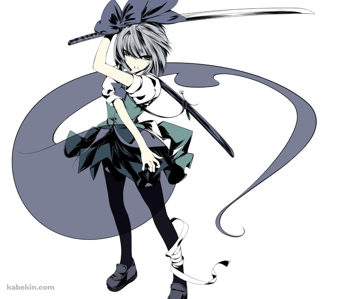 剣を構える鋭い眼光の魂魄妖夢 / 半霊 / 東方のAndroidの壁紙(1080px x 960px) スマホ用