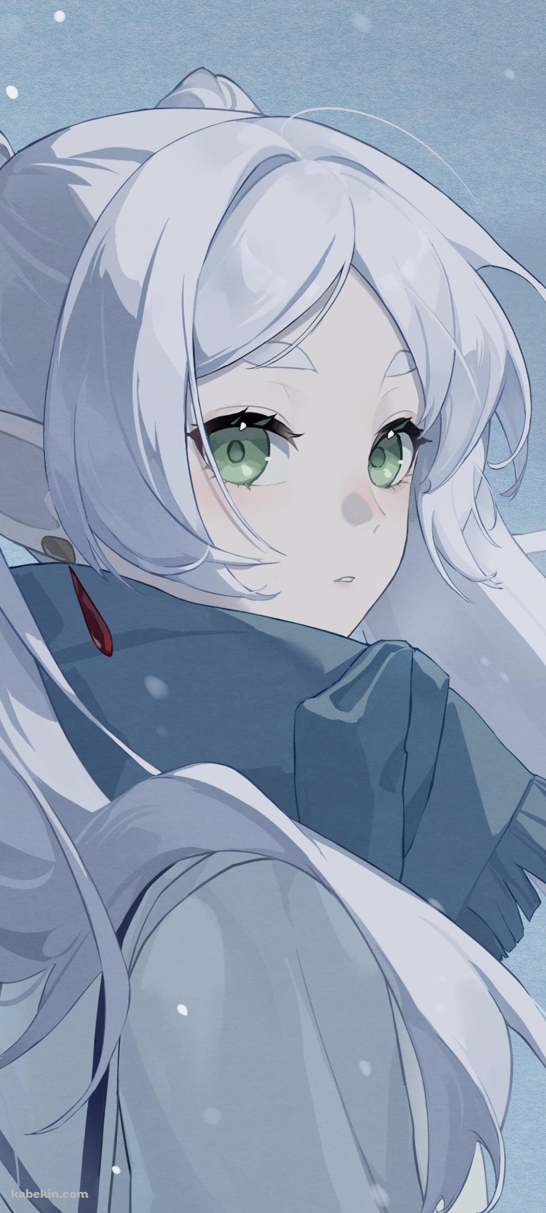 雪が降る中、こちらを見つめるフリーレン / 緑の瞳 / 葬送のフリーレンのAndroidの壁紙(1080px x 2400px) スマホ用