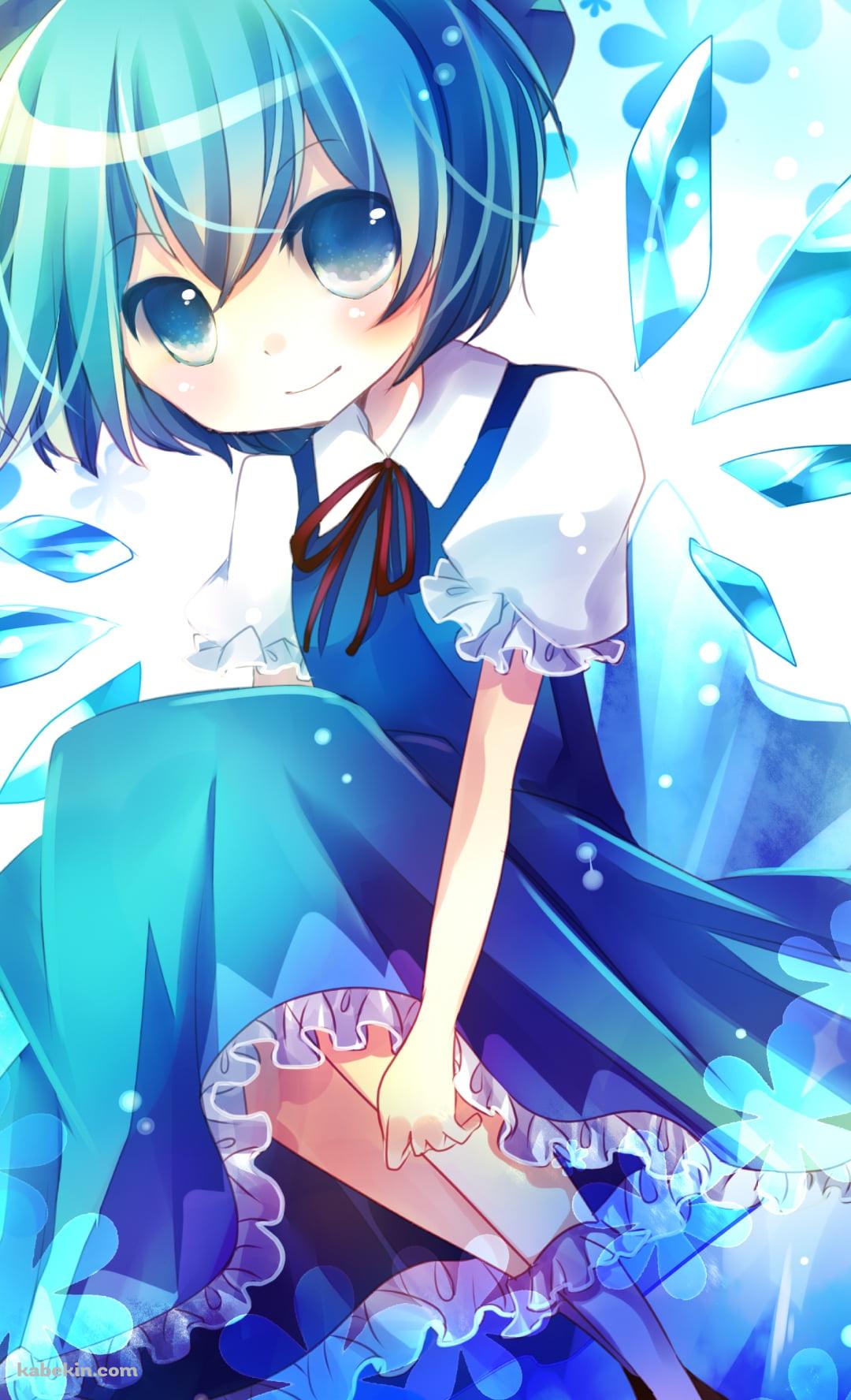 クリクリした瞳の青いドレスを着たチルノ / 東方のAndroidの壁紙(1080px x 1776px) スマホ用