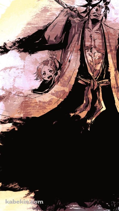 刀に手をかける更木 剣八と手を振る草鹿やちる / ブリーチのAndroidの壁紙(480px x 854px) スマホ用