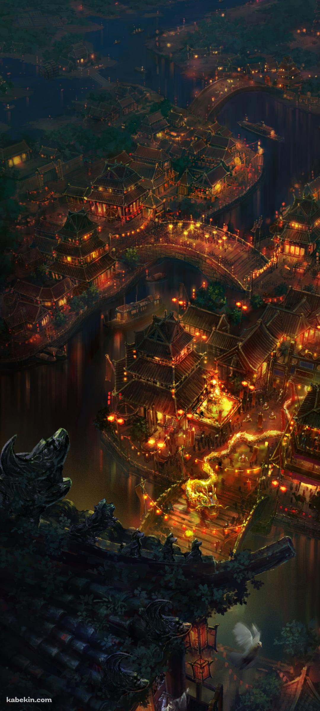 夜の灯りが灯る綺麗な川沿いの街のAndroidの壁紙(1080px x 2400px) スマホ用