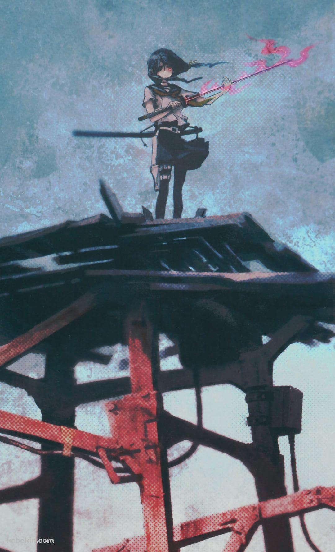赤い鉄筋の上に立つ剣を持った少女のAndroidの壁紙(1080px x 1776px) スマホ用