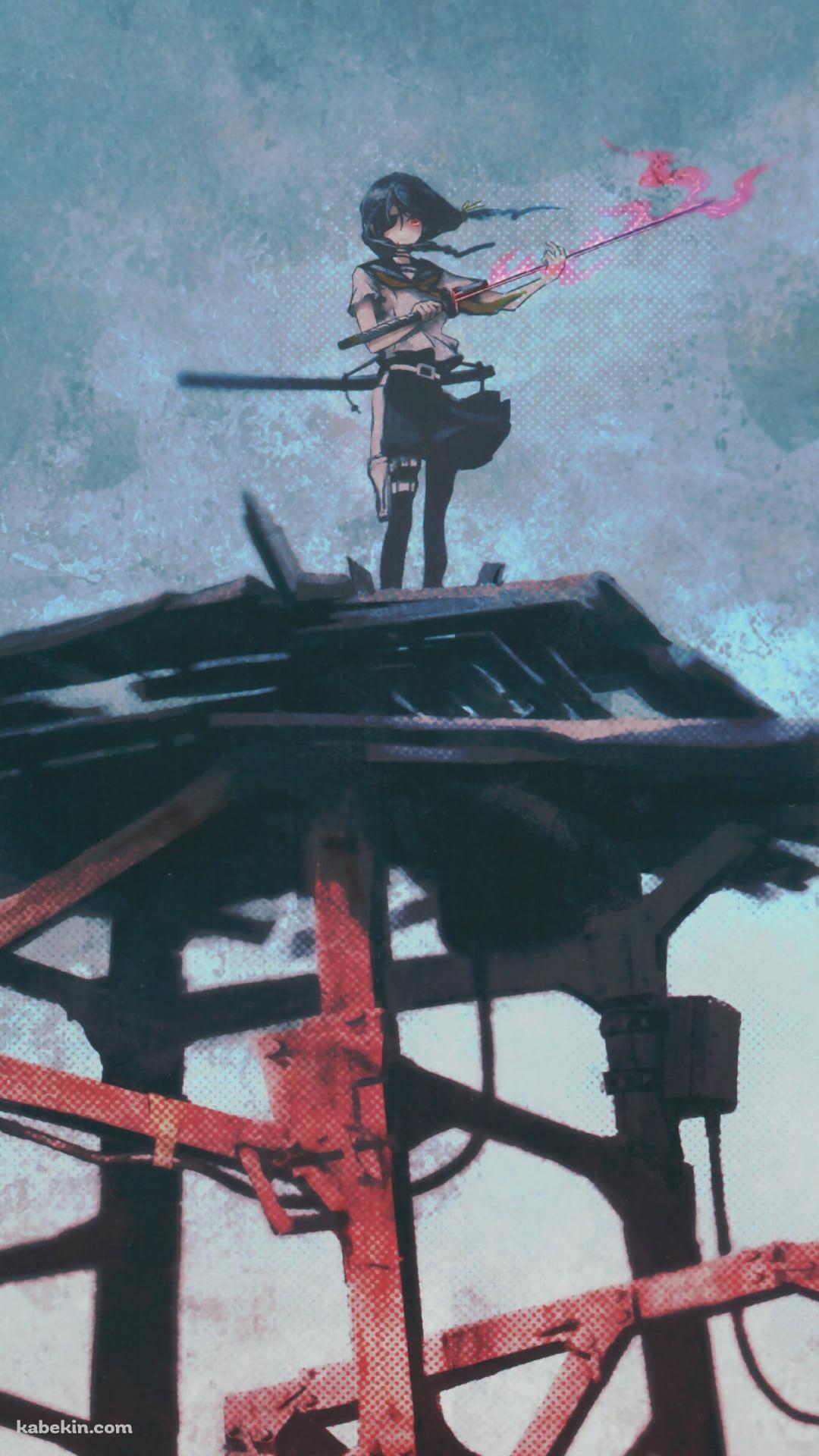 赤い鉄筋の上に立つ剣を持った少女のAndroidの壁紙(1080px x 1920px) スマホ用