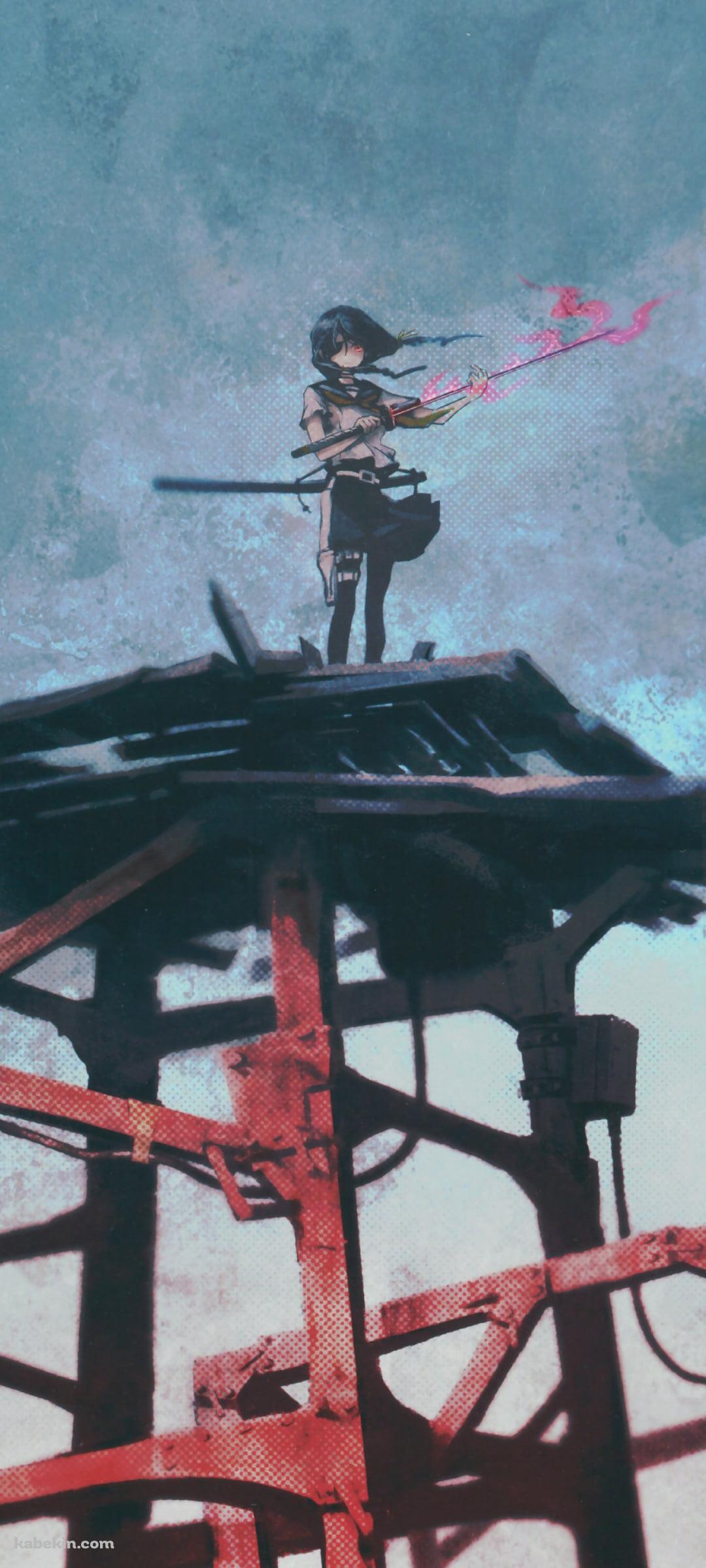 赤い鉄筋の上に立つ剣を持った少女のAndroidの壁紙(1080px x 2400px) スマホ用